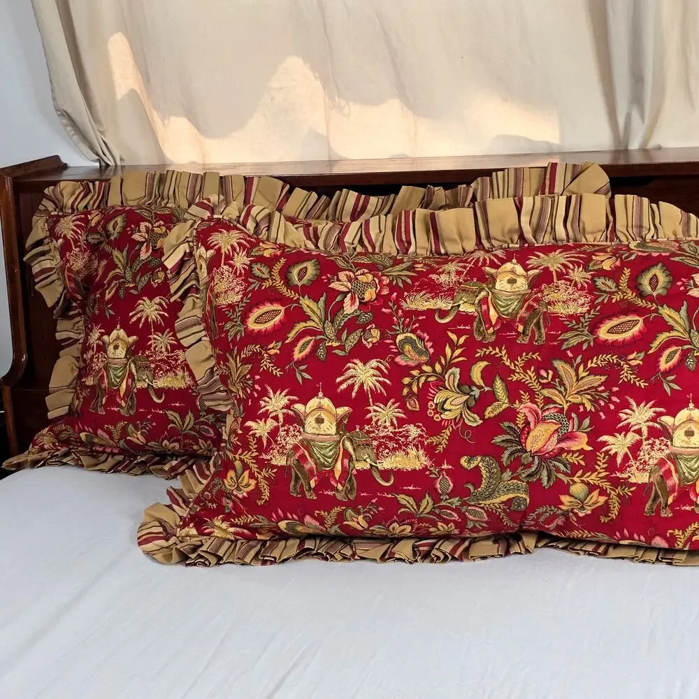 2 pc Custom King Size Tropical Jacobean Jungle Elephants Palm Trees Pillow Shams